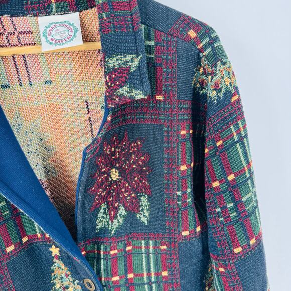 Sugar Street Weavers Tapestry Christmas Jacket Poinsettias Plaid One Size - Picture 6 of 10